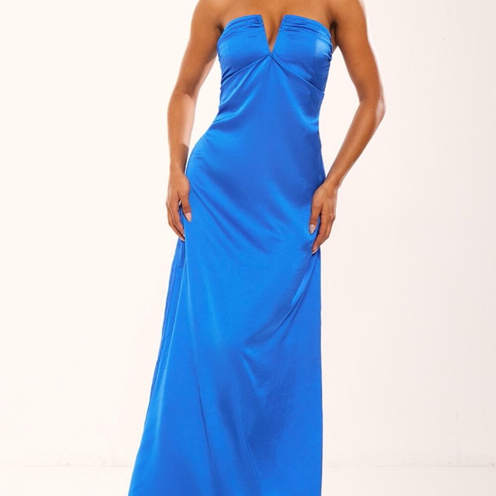 Pretty Little Thing Cobalt Satin V Bar Floaty Bandeau Maxi Dress Size 10 NWT